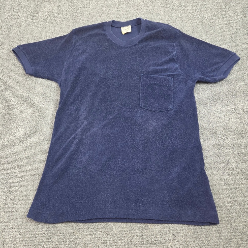 Vintage Yacht Club TShirt Mens L Navy Blue Terry Cloth Pocket 70s Made in USA
